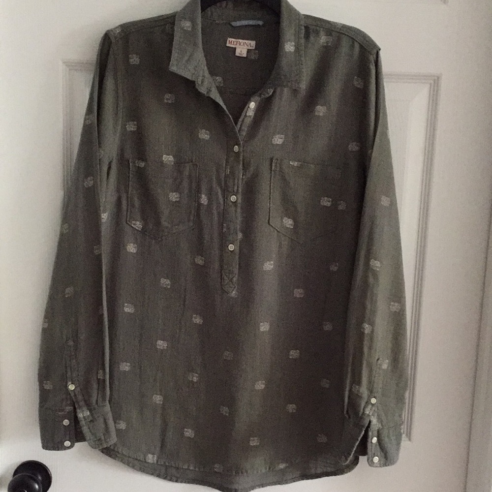 Merona Olive Linen Long Sleeve Tunic Size L